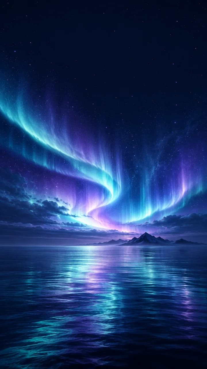 Cyan and lavender aurora sweeping across a still midnight-blue sea and distant mountains
