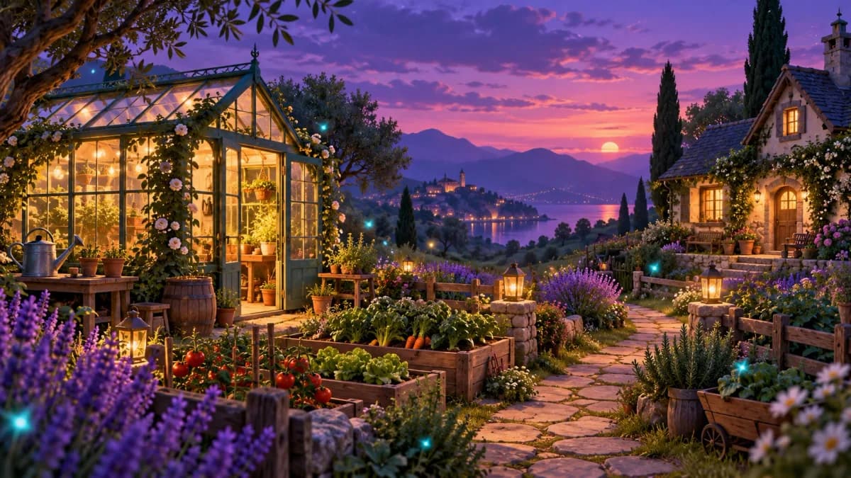 Original imaginary garden and warm-lit greenhouse at dusk; not Stardew Valley gameplay