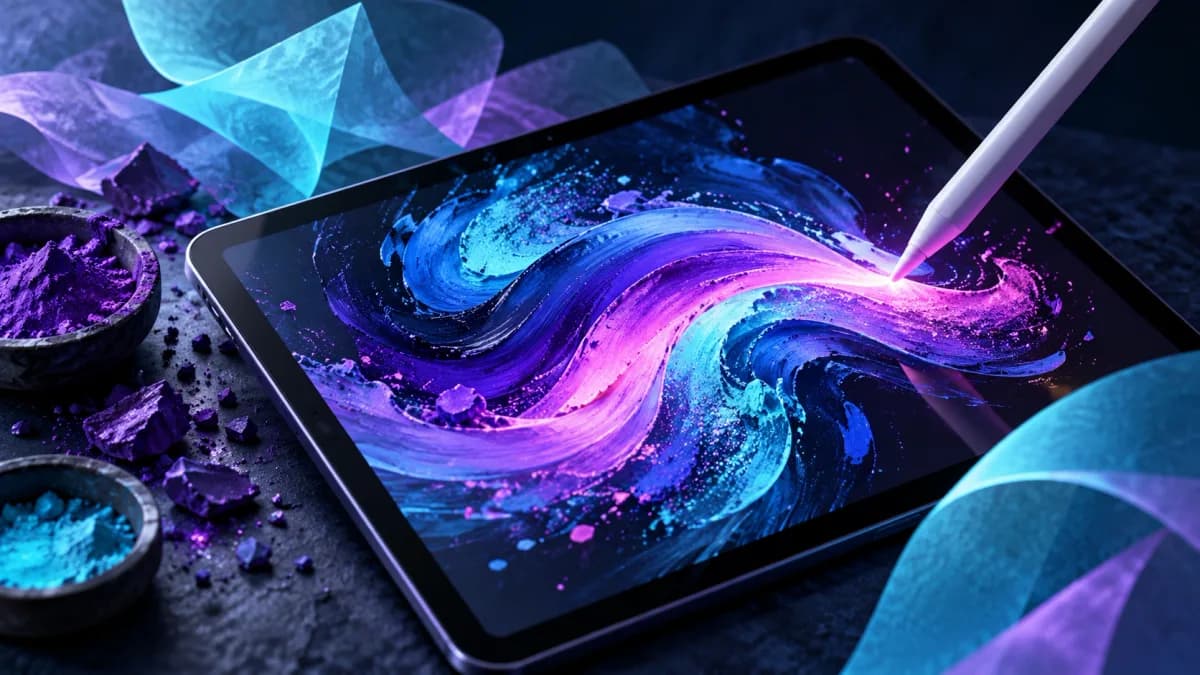 Original stylus-and-tablet illustration with flowing cyan and violet paint; not the Sketchbook interface