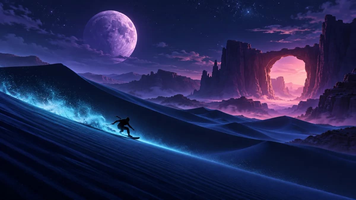 Original illustration of an anonymous sandboarder crossing moonlit indigo dunes; not gameplay