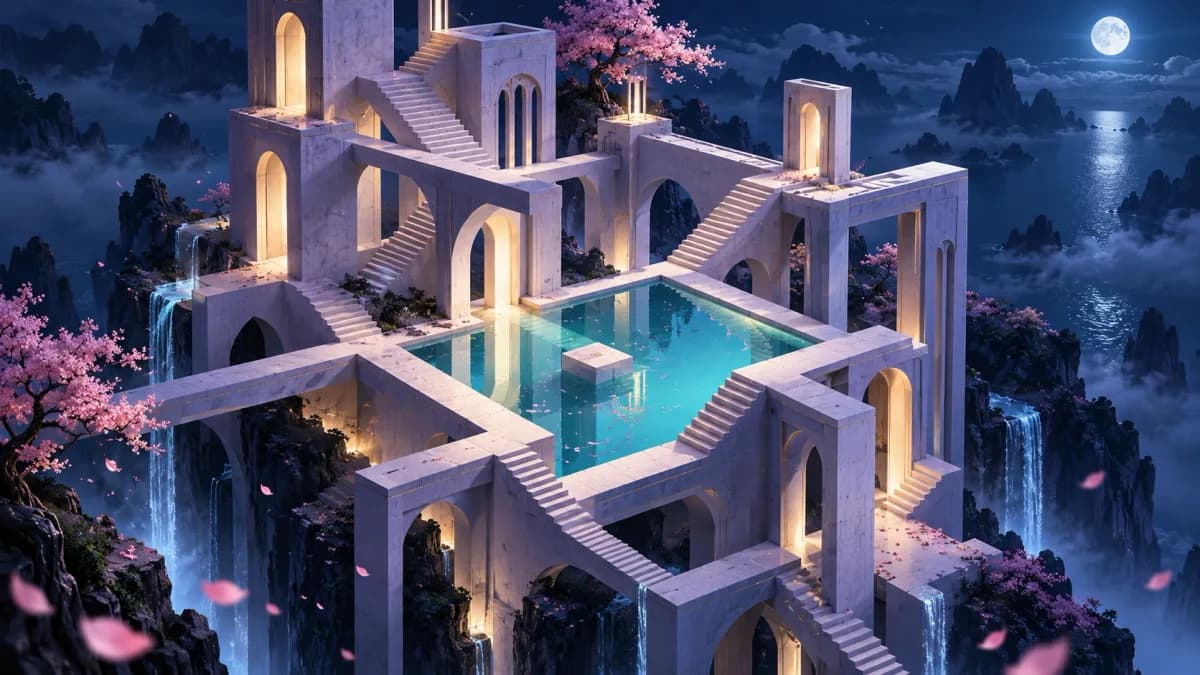 Original impossible garden of luminous violet stairs and a cyan reflecting pool; not Monument Valley gameplay