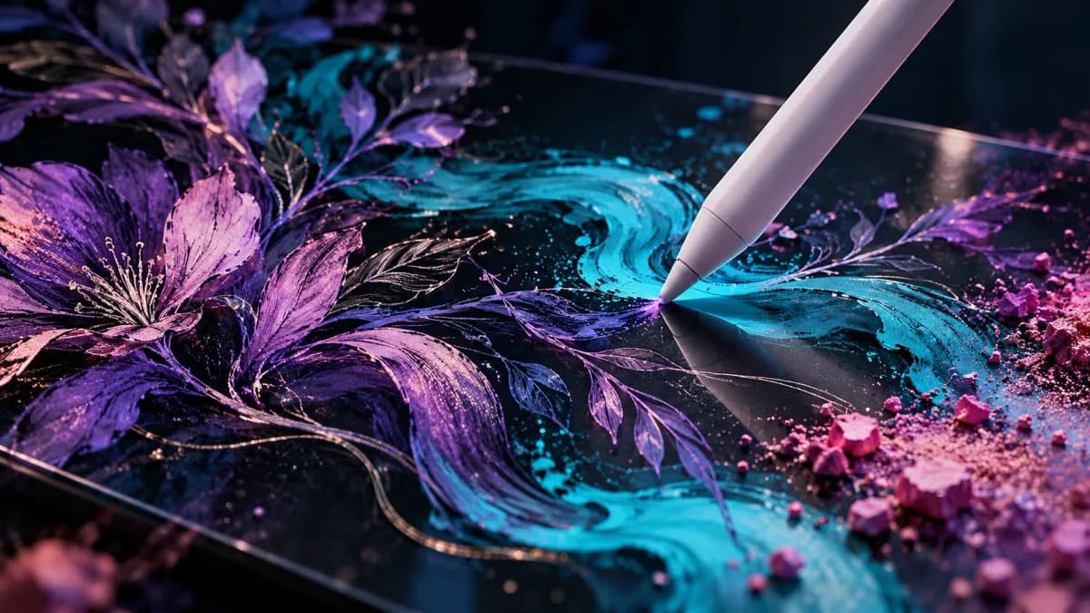 Original stylus painting cyan and violet botanical strokes on dark glass; not an ibis Paint screenshot