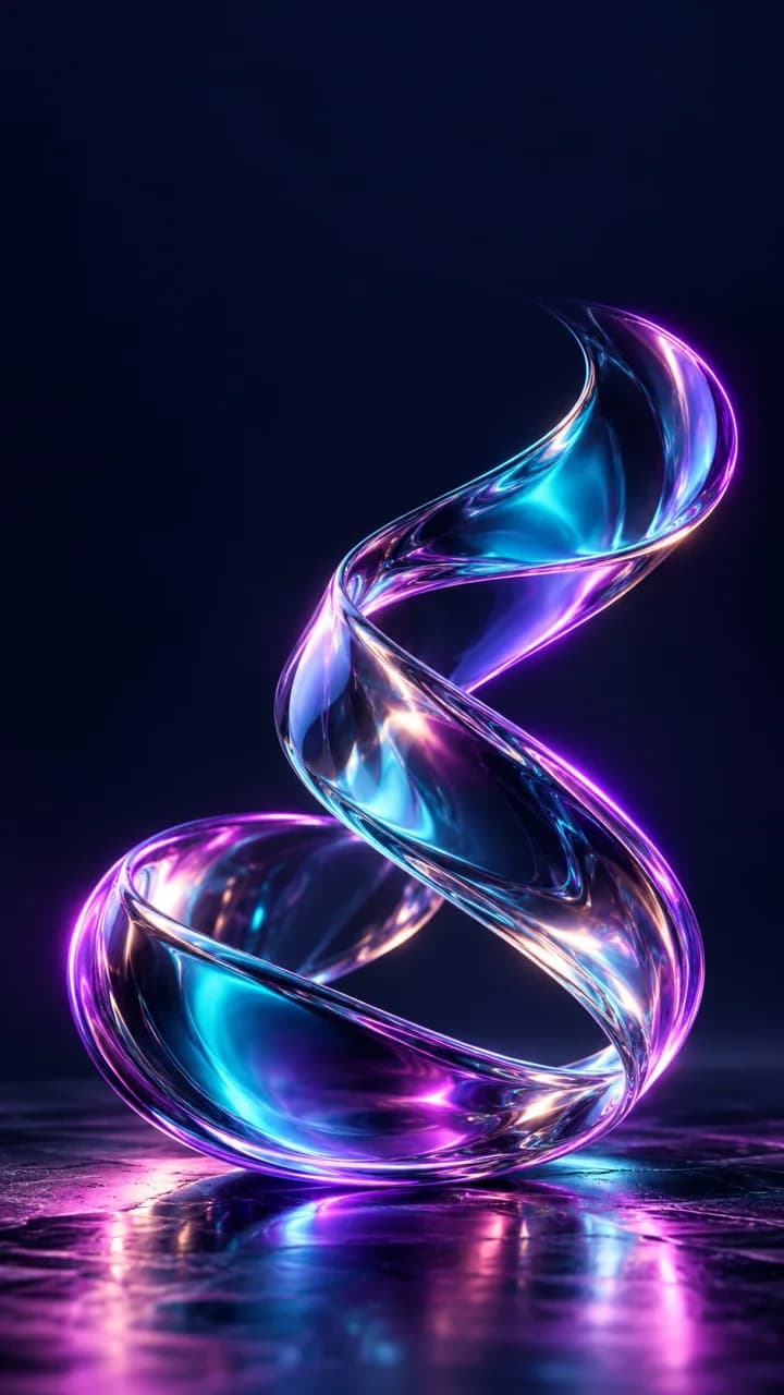 Iridescent glass ribbon with cyan and purple edges looping against a midnight navy background