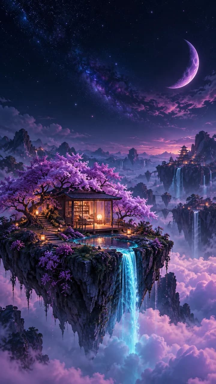 Warm-lit cabin among lavender trees on a floating island beneath a violet night sky