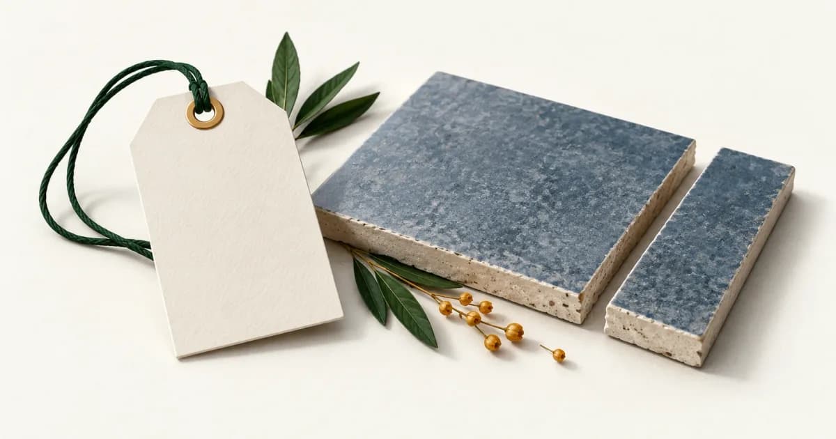 A blank price tag beside a separated portion of a tile representing savings