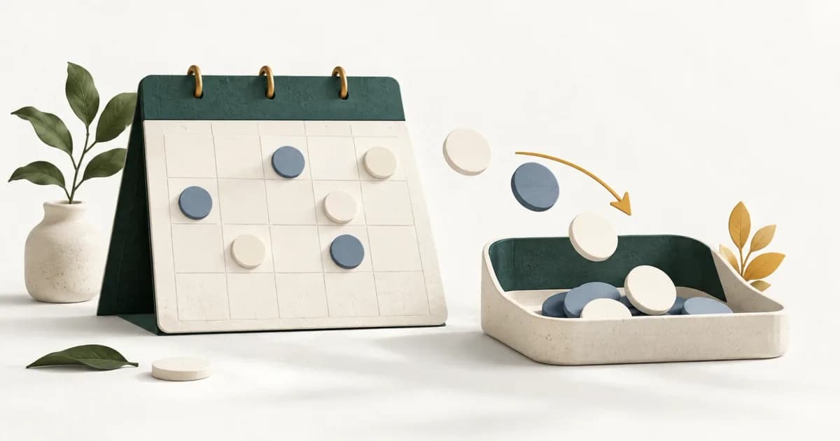 Calendar squares and task tokens arranged beside an estimate tray