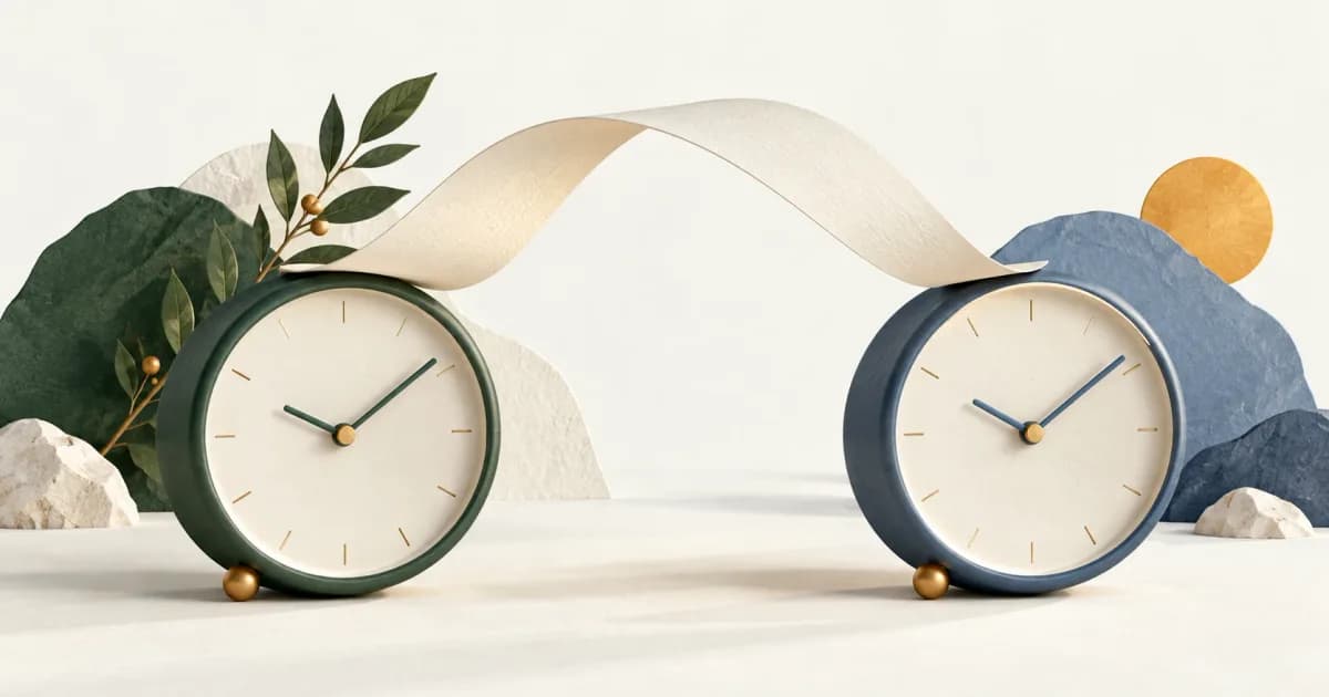 Two clock faces connected by an arc representing elapsed time