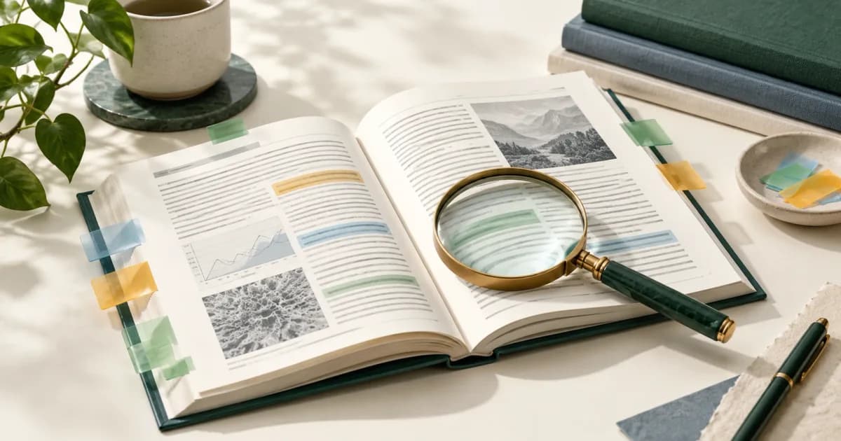 An open research journal with source tabs and a magnifying lens