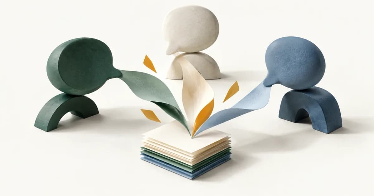 Conversation shapes arranged around a stack of meeting notes