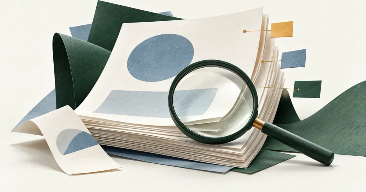 Paper documents, evidence tabs, and a magnifying lens for checking PDF sources