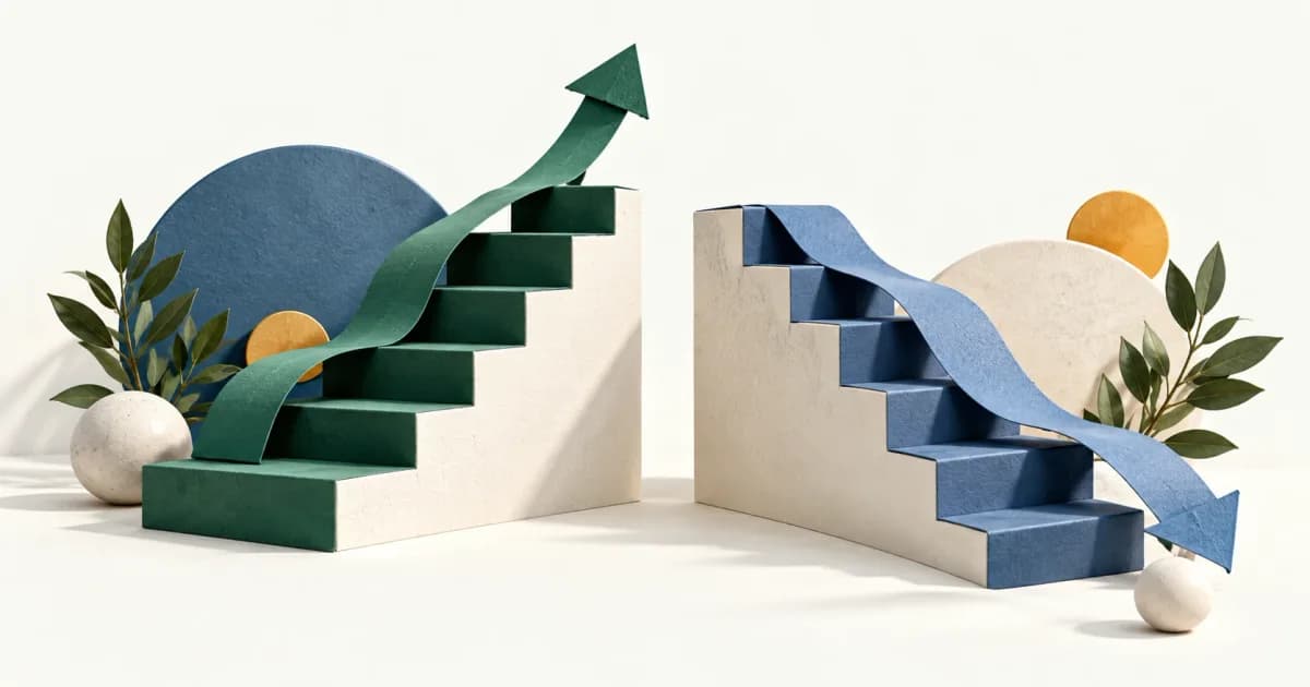 Ascending and descending paper steps showing change from a starting point