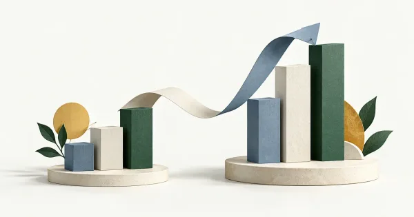 Two groups of blocks at different heights connected by a change arrow