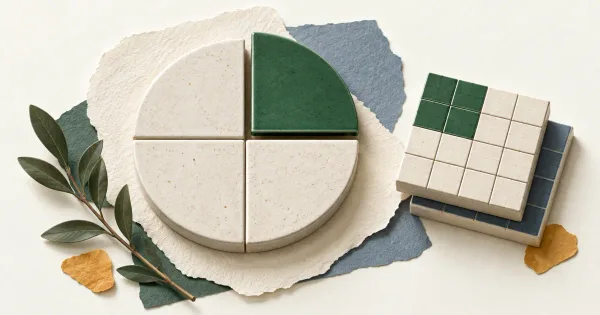 A segmented circular disk and square tiles representing parts of a whole