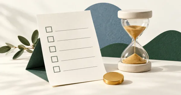 A survey checklist, sand timer, and reward token