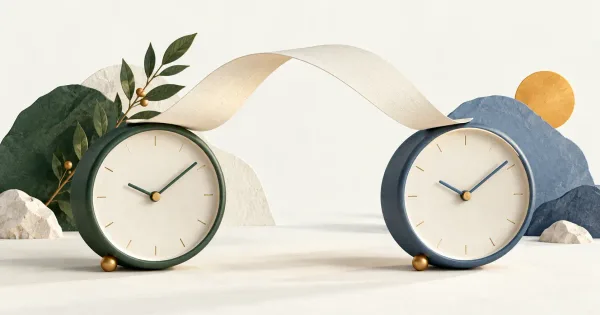 Two clock faces connected by an arc representing elapsed time
