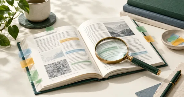 An open research journal with source tabs and a magnifying lens
