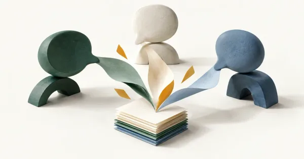 Conversation shapes arranged around a stack of meeting notes