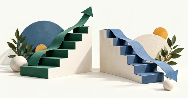 Ascending and descending paper steps showing change from a starting point